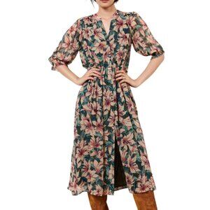 BA&SH Lady Brook Floral Print Midi Shirt Dress Womens 3 Large Pink Green V-Neck
